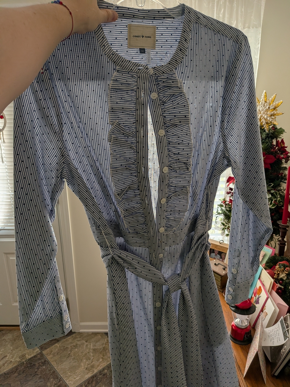 Court & Rowe Dotted Blue Pin Stripe Ruffle-Front Button Dress - Picture 8 of 9